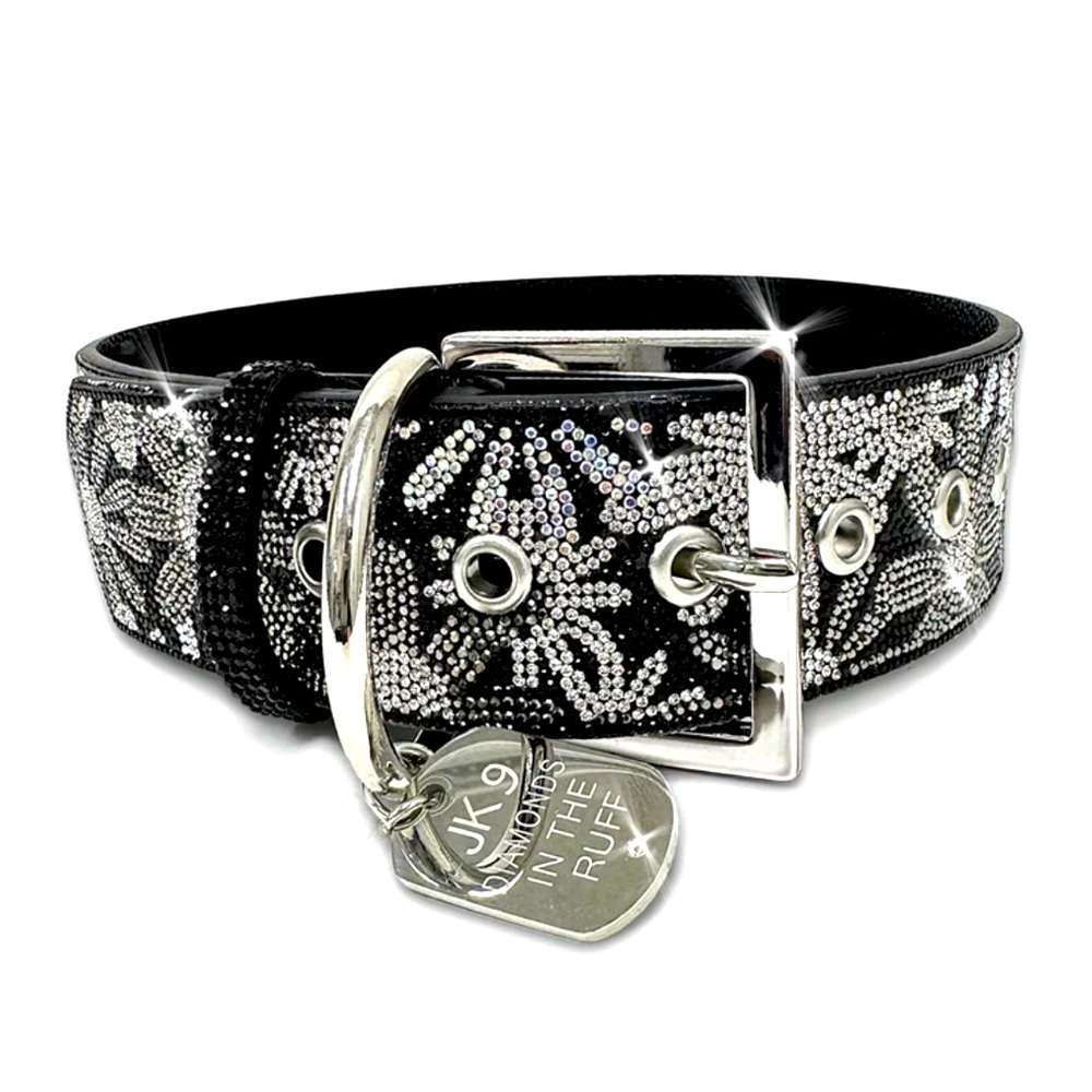 DESIGNER-FLOWER POWER DIAMONDS IN THE RUFF DOG COLLAR
BLACK LARGE